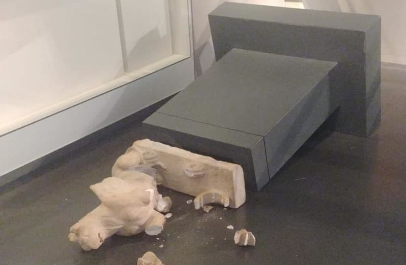 Broken statues are seen at the Israel Museum on October 5, 2023 (photo credit: ISRAEL POLICE)