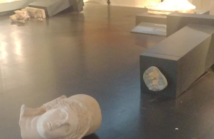 Broken statues are seen at the Israel Museum on October 5, 2023 (photo credit: ISRAEL POLICE)