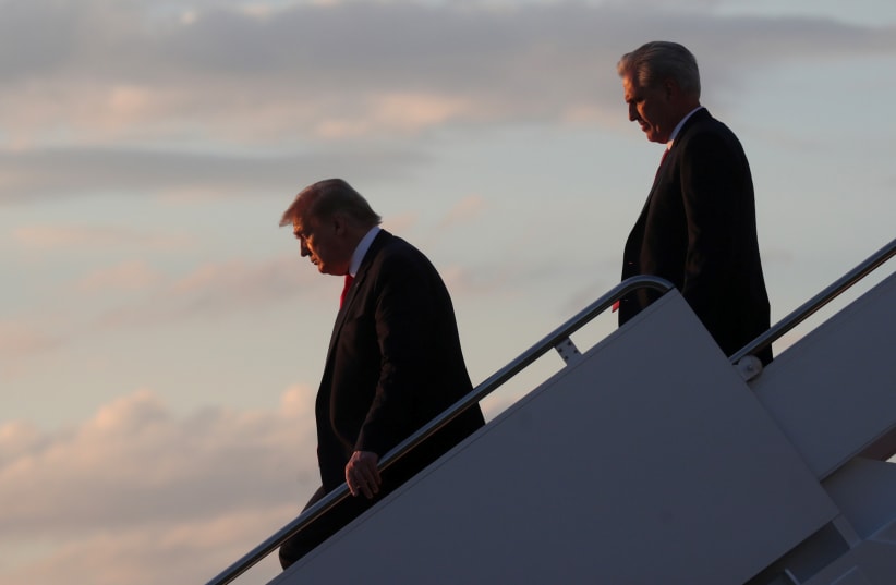  U.S. President Donald Trump, with U.S. House Minority Leader Kevin McCarthy (R-CA), arrives aboard Air Force One from Florida at Joint Base Andrews, Maryland, U.S. May 30, 2020. (photo credit: REUTERS/JONATHAN ERNST)