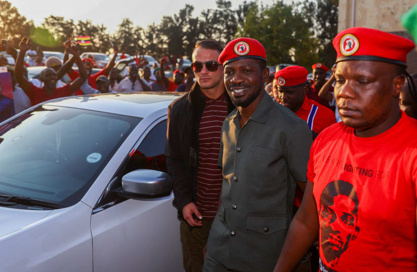  Ugandan opposition leader and singer Robert Kyagulanyi Ssentamu, known as Bobi Wine arrives to address Ugandans living in South Africa on political issues in their home country, at the sports ground in Germiston, southeast of Johannesburg, South Africa, October 3, 2023. (photo credit: REUTERS/SIPHIWE SIBEKO)