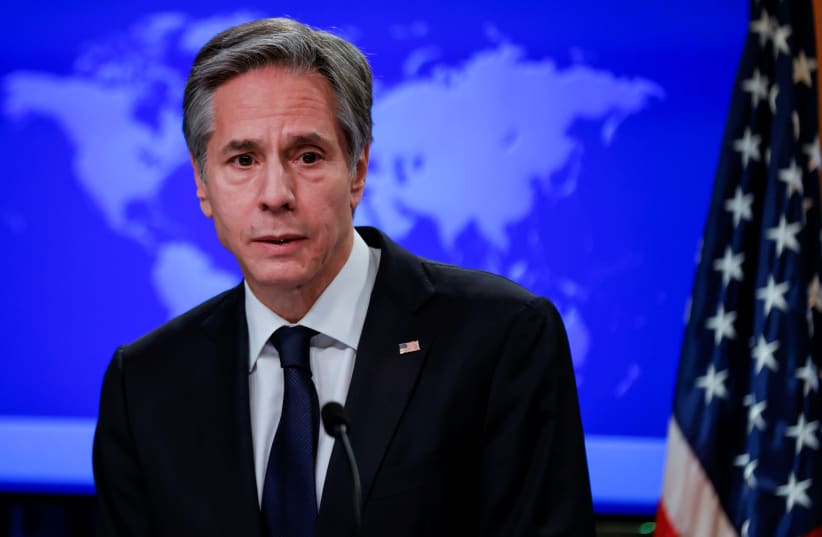  U.S. Secretary of State Antony Blinken addresses reporters during his first press briefing at the State Department in Washington, U.S., January 27, 2021 (photo credit: REUTERS/CARLOS BARRIA)