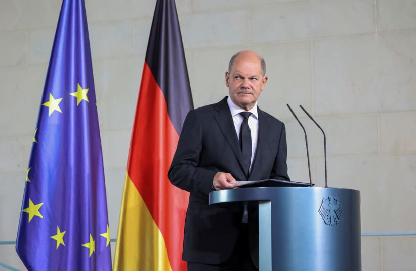  German Chancellor Olaf Scholz comments on the situation in the Middle East, one day after Hamas' attacks on Israel, in the chancellery, Berlin, Germany, October 8, 2023. (photo credit: REUTERS/Liesa Johannssen)