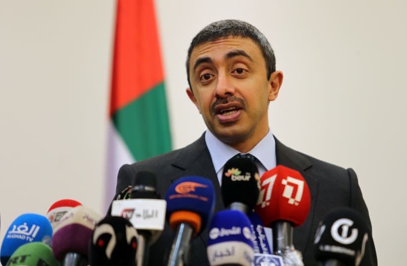  United Arab Emirates' Foreign Minister Sheikh Abdullah bin Zayed Al Nahyan speaks during a joint news conference with Algeria's Foreign Minister Sabri Boukadoum in Algiers, Algeria January 27, 2020. (photo credit: REUTERS/RAMZI BOUDINA)
