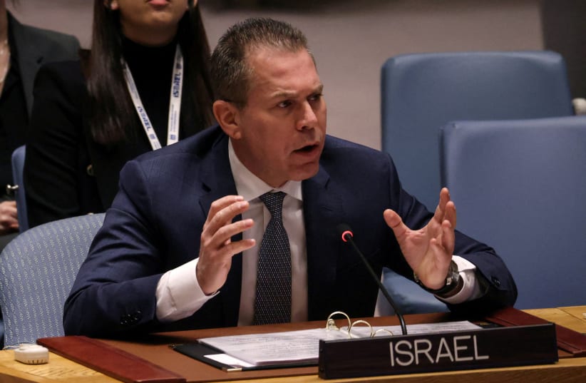  Israel’s Ambassador to the United Nations Gilad Erdan addresses the United Nations Security Council as the Council meets to discuss the issue of Israeli settlements in the West Bank at U.N. headquarters in New York City, New York, U.S., February 20, 2023.  (photo credit: REUTERS/MIKE SEGAR)