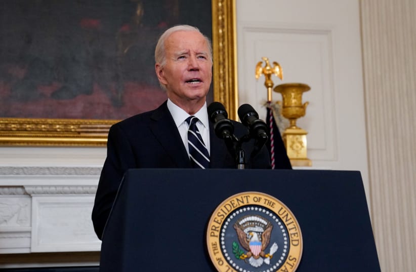  U.S. President Joe Biden speaks about the conflict in Israel, after Hamas launched its biggest attack in decades, while making a statement about the crisis, at the White House in Washington, U.S. October 7, 2023.  (photo credit: REUTERS/ELIZABETH FRANTZ)