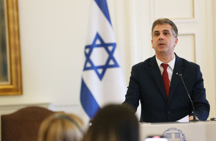  Israel Foreign Minister Eli Cohen speaks during a press conference with Greek Foreign Minister Giorgos Gerapetritis at the Foreign Ministry in Athens, Greece, July 6, 2023. (photo credit: REUTERS/LOUIZA VRADI)