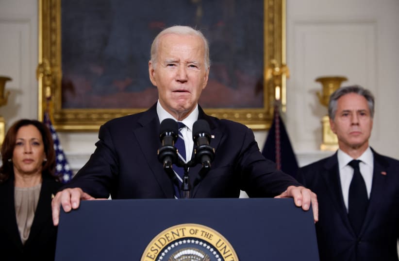 US President Joe Biden, accompanied by Vice President Kamala Harris and US Secretary of State Antony Blinken, makes remarks about the situation in Israel following Hamas' deadly attacks, October 10, 2023 (photo credit: REUTERS/JONATHAN ERNST)
