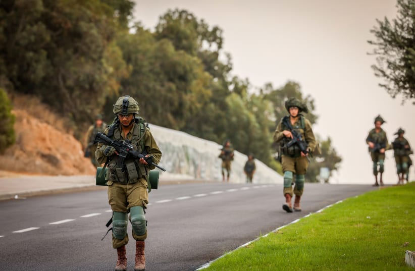  Israeli soldiers patrol in the southern Israeli city of Sderot, October 11, 2023 (photo credit: FLASH90/CHAIM GOLDBERG)