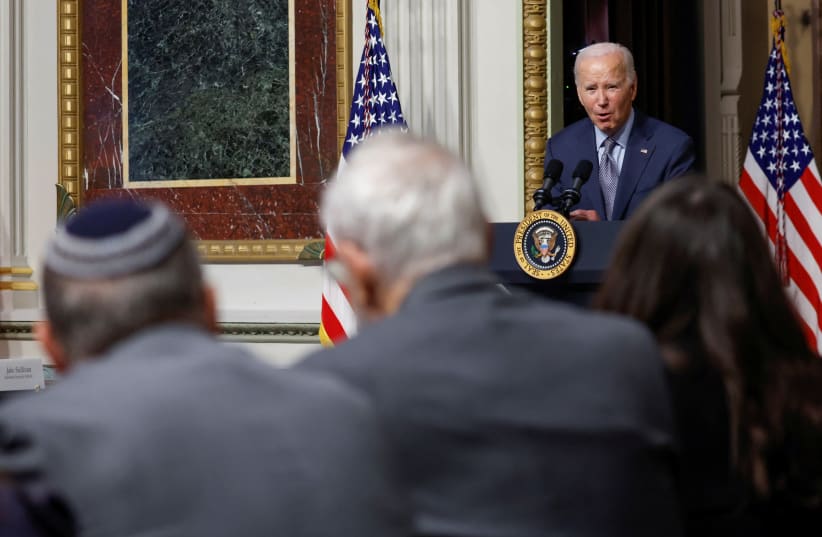  U.S. President Joe Biden participates in a roundtable with Jewish community leaders regarding the Palestine-Israel conflict, in the Eisenhower Executive Office Building on the White House campus in Washington, US October 11, 2023. (photo credit: REUTERS/JONATHAN ERNST)