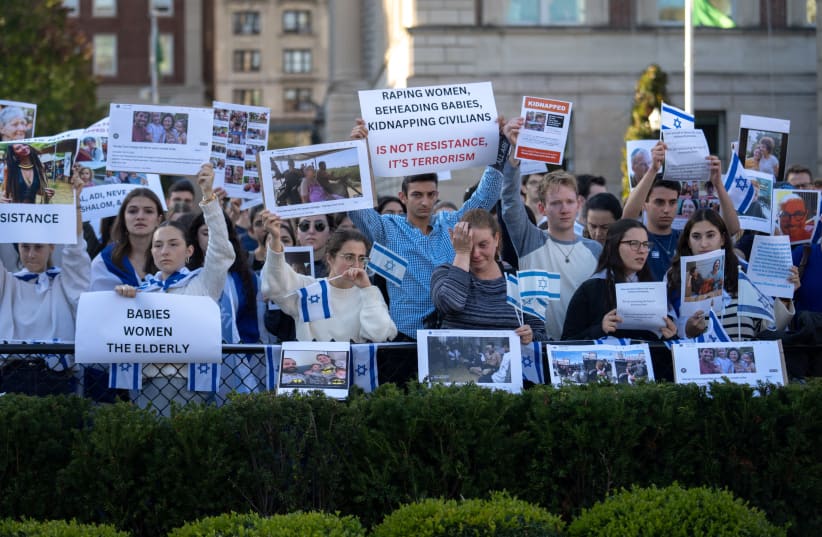  Pro-Israel students take part in a protest in support of Israel amid the ongoing conflict in Gaza, at Columbia University in New York City, U.S., October 12, 2023. (photo credit: REUTERS/JEENAH MOON)