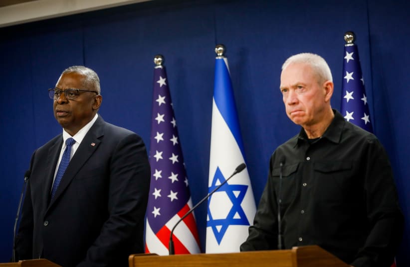  US Secretary of Defense Lloyd Austin and Defense Minister Yoav Gallant hold a joint statements at HaKirya base in Tel Aviv on October 13, 2023 (photo credit: MIRIAM ALSTER/FLASH90)