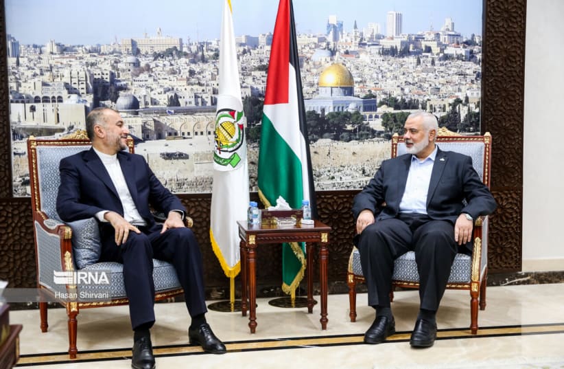  Iranian Foreign Minister Hossein Amirabdollahian meets with Hamas leader Ismail Haniyeh in Qatar. October 15, 2023 (photo credit: Hasan Shirvani/IRNA)