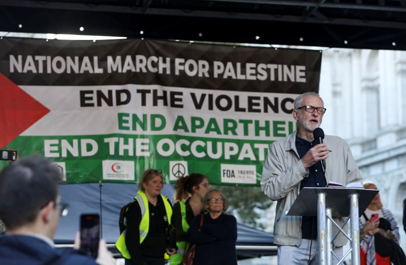Former leader of the Labour Party Jeremy Corbyn speaks during a protest in solidarity with Palestinians, amid the ongoing conflict between Israel and the Palestinian Islamist group Hamas, in London, Britain, October 14, 2023. (photo credit: REUTERS/Susannah Ireland)