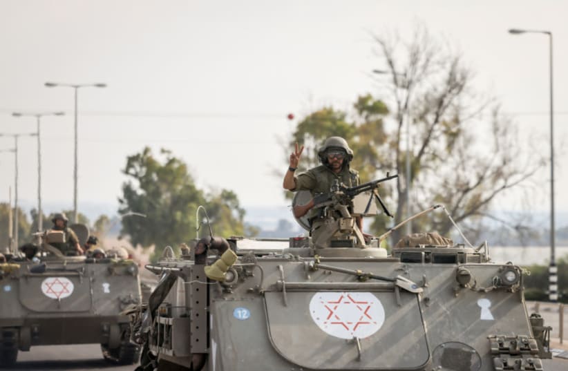  IDF troops not far from the Israeli-Gaza border, October 16, 2023 (photo credit: Chaim Goldberg/Flash90)