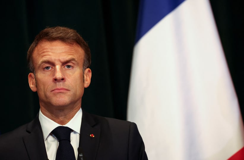  French President Emmanuel Macron attends a press conference in Tirana, Albania, October 17, 2023. (photo credit: REUTERS/FLORION GOGA)