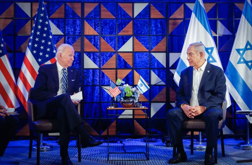  US President Joe Biden attends a meeting with Prime Minister Benjamin Netanyahu, as he visits Israel amid the ongoing conflict between Israel and Hamas, in Tel Aviv, Israel, October 18, 2023 (photo credit: MIRIAM ALSTER/FLASH90)
