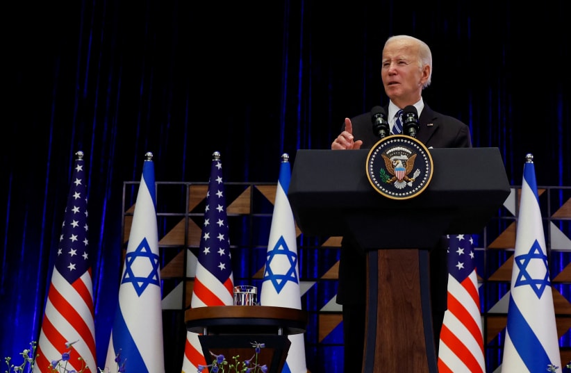 US President Joe Biden delivers remarks as he visits Israel amid the ongoing conflict between Israel and Hamas, in Tel Aviv, Israel, October 18, 2023. (photo credit: EVELYN HOCKSTEIN/REUTERS)