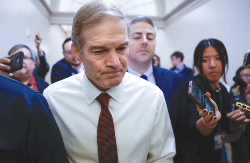  US REPRESENTATIVE Jim Jordan, vying for the position of speaker of the House, speaks to the media following a meeting of House Republicans, on Capitol Hill, on Monday.  (photo credit: EVELYN HOCKSTEIN/REUTERS)