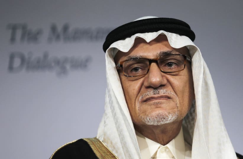 Former head of Saudi intelligence and current Saudi King Faisal Center for Research and Islamic Studies Chairman Prince Turki Al Faisal Al Saud attends a close session meeting at the IISS Regional Security Summit - The Manama Dialogue in Manama, December 8, 2013 (photo credit: HAMAD I MOHAMMED/REUTERS)