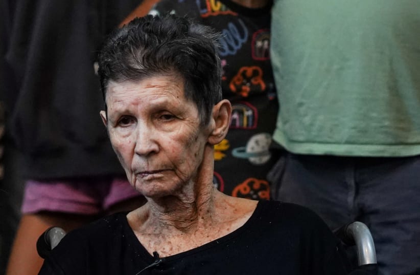  Yocheved Lifshitz, 85, an Israeli grandmother who was held hostage in Gaza looks on after being released by Hamas militants, at Ichilov Hospital in Tel Aviv, Israel October 24, 2023 (photo credit: REUTERS/JANIS LAIZANS)