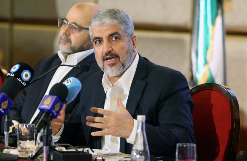  Hamas leader Khaled Meshaal gestures as he announces a new policy document in Doha, Qatar, May 1, 2017. (photo credit: REUTERS/NASEEM ZEITOON)