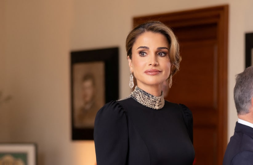  Jordan's Queen Rania looks on during the royal wedding of Jordan's Crown Prince Hussein and Rajwa Al Saif, in Amman, Jordan, June 1, 2023.  (photo credit: Royal Hashemite Court (RHC)/Handout via REUTERS)