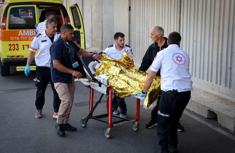  Israelis injured when rockets fired from Lebanon, into Israel, hit the Northern city of Metula, injurying 3, brought to the Ziv hospital in Tzfat, October 17, 2023. (photo credit: David Cohen/Flash90)