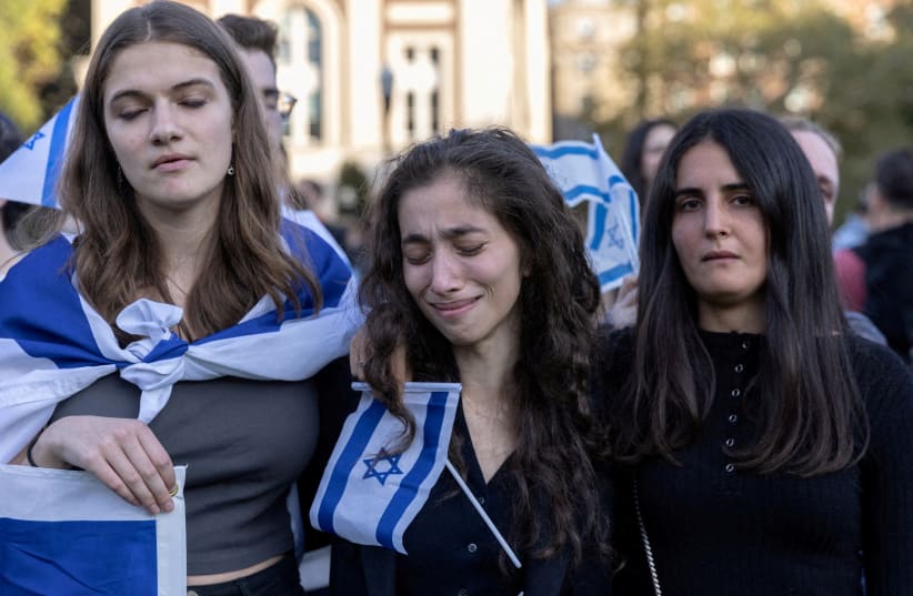  Pro-Israel students take part in a protest in support of Israel amid the ongoing conflict in Gaza, at Columbia University in New York City, U.S., October 12, 2023. (photo credit: REUTERS/JEENAH MOON)