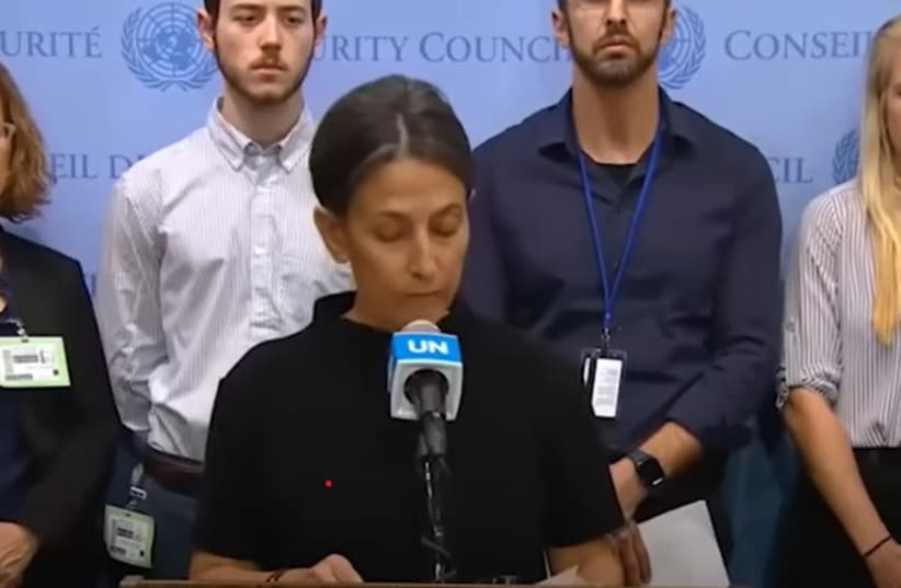  Rachel Goldberg, mother of 23 year old Hersh Goldberg-Polin, held captive by Hamas in Gaza, calls on the UN Security Council to take action for her son, October 25, 2023. (photo credit: UNITED NATIONS)