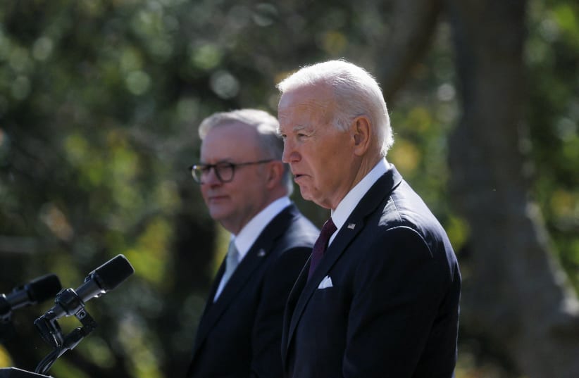 U.S. President Joe Biden addresses a joint press conference with Australia’s Prime Minister Anthony Albanese in the Rose Garden at the White House in Washington, U.S., October 25, 2023. (photo credit: REUTERS/LEAH MILLIS)