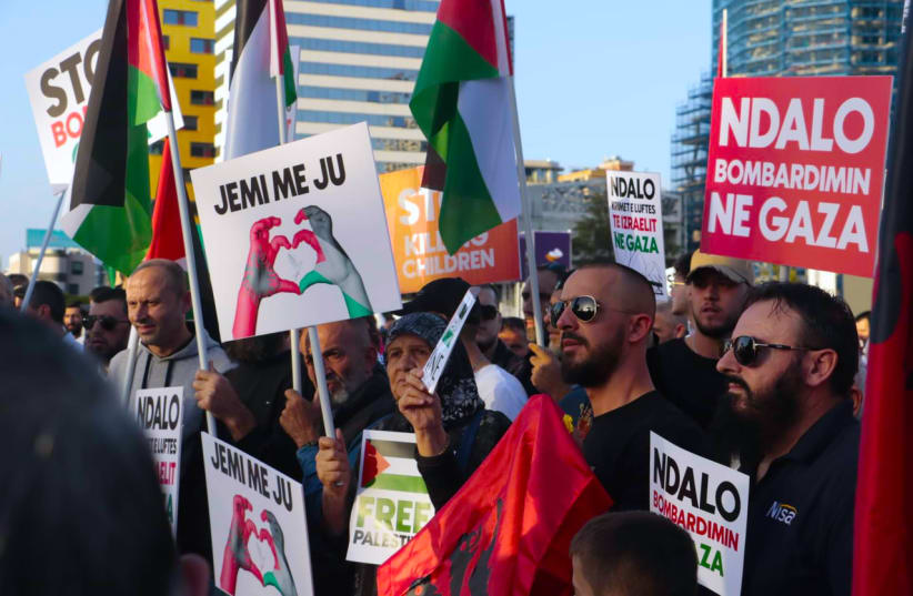  Pro-Palestinian activists protest Israel at a rally at Skanderbeg Square in downtown Tirana, Albania, Oct. 20.  (photo credit: Courtesy of Diana Mjeshtri)