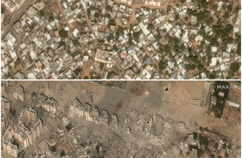  A combination picture shows the Palestinian city of Beit Hanoun before and after damage caused by the ongoing conflict between Israel and Hamas, northern Gaza Strip, October 10, 2023 and October 21, 2023.  (photo credit: MAXAR TECHNOLOGIES/HANDOUT VIA REUTERS)