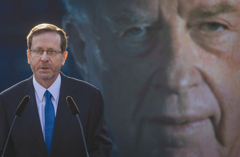  PRESIDENT ISAAC Herzog addresses last year’s annual memorial ceremony at Mount Herzl in Jerusalem marking the anniversary of the assassination of prime minister Yitzhak Rabin. (photo credit: OLIVIER FITOUSSI/FLASH90)