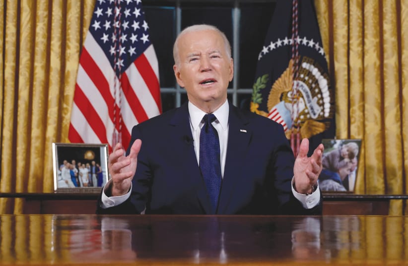  US PRESIDENT Joe Biden delivers an address to the American people from the Oval Office of the White House, last Thursday.  (photo credit: JONATHAN ERNST/REUTERS)