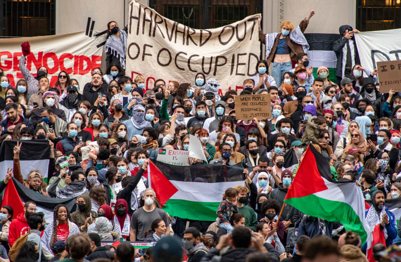  COCKY, CONDESCENDING: Pro-Palestinian rally at Harvard University, Oct. 14.  (photo credit: Joseph Prezioso/AFP via Getty Images)