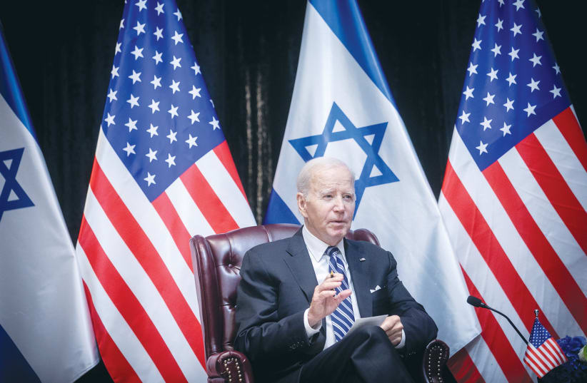  US PRESIDENT Joe Biden speaks during his visit to Israel, October 2023 (photo credit: MIRIAM ALSTER/FLASH90)