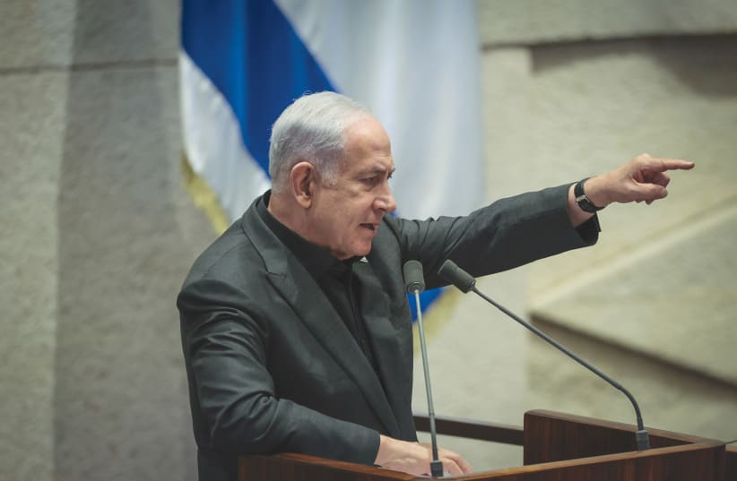  PRIME MINISTER Benjamin Netanyahu addresses the Knesset, October 2023 (photo credit: NOAM REVKIN FENTON/FLASH90)