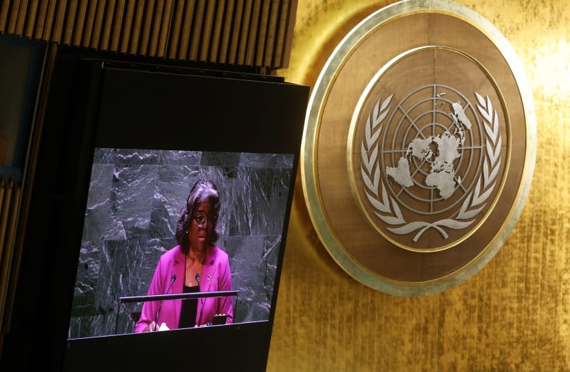  US Ambassador to the United Nations Linda Thomas-Greenfield is pictured on a video display as she speaks to an emergency special session of the UN General Assembly in New York City, US, October 27, 2023 (photo credit: REUTERS/MIKE SEGAR)