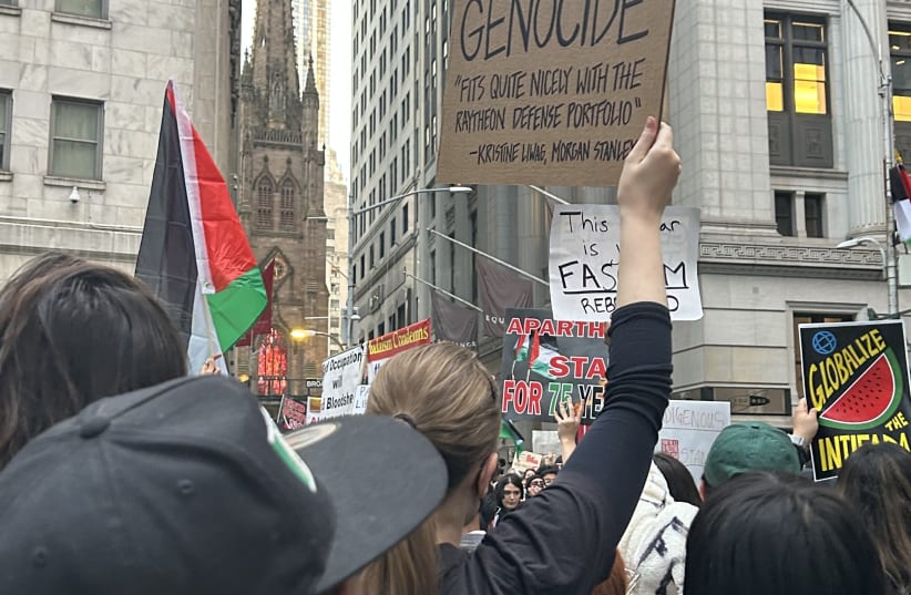 New York Stock Exchange surrounded by pro-Palestine, anti-Israel protests (photo credit: Courtesy)