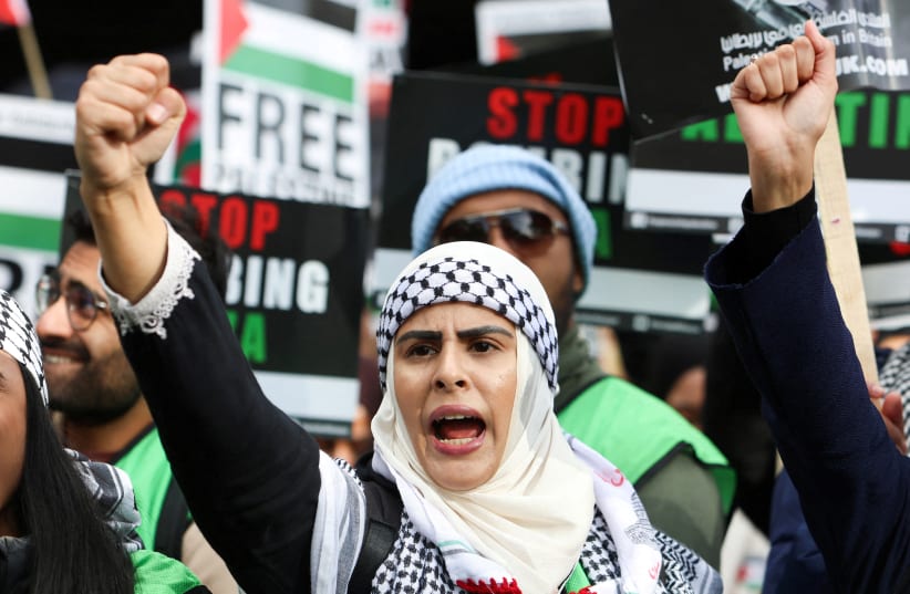  Demonstrators protest in solidarity with Palestinians in Gaza, amid the ongoing conflict between Israel and the Palestinian Islamist group Hamas, in London, Britain, October 28, 2023 (photo credit: REUTERS/Susannah Ireland)
