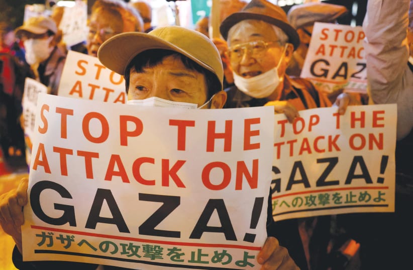  A protest rally against Israel's attack on Gaza takes place near the Israel Embassy in Tokyo, earlier this month. (photo credit: Issei Kato/Reuters)