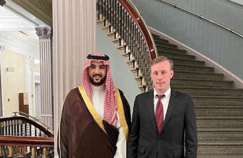 US National Security Advisor Jake Sullivan meets with Saudi Arabian Defense Minister Prince Khalid bin Salman Al Saud in Washington, DC, US. October 30, 2023. (photo credit: SAUDI PRESS AGENCY/HANDOUT VIA REUTERS)