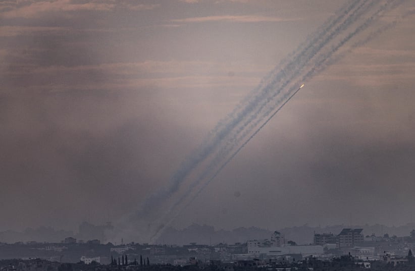  Rockets are fired from Gaza towards Israel, on October 31 2023 (photo credit: Chaim Goldberg/Flash90)