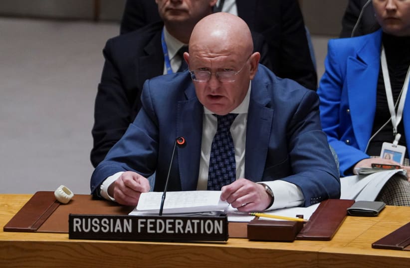 Russia's Ambassador to the United Nations Vasily Nebenzya speaks during a meeting of the Security Council on the conflict between Israel and Hamas, at UN headquarters in New York, US, October 25, 2023. (photo credit: REUTERS/DAVID 'DEE' DELGADO)