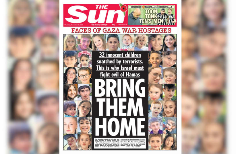  The Sun's cover article on November 2, 2023, featuring all children held hostage by Hamas in Gaza (photo credit: The Sun)