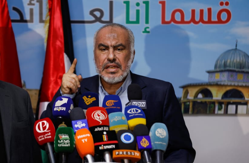  Ghazi Hamad, member of Hamas Political Office delivers remarks on the ongoing conflict between Israel and Hamas, during a press conference in Beirut, Lebanon, October 30, 2023. (photo credit: ALAA AL-MARJANI/REUTERS)
