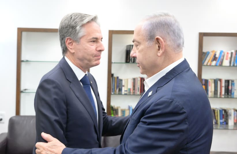  US Secretary of State Antony Blinken meets with Israel's Prime Minister Benjamin Netanyahu, November 3, 2023 (photo credit: AMOS BEN-GERSHOM/GPO)