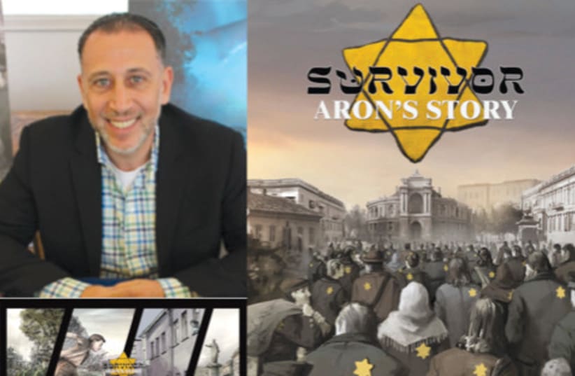  Top left: Author Alex Teplish; bottom left: A page from Teplish's book which shows the visual effect of remembering his grandfather's story and the Holocaust; top right: The cover of the book; Bottom right: An advertisement of the book and website (photo credit: ALEX TEPLISH)