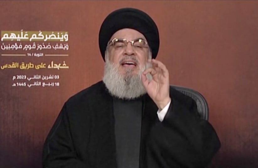  Hezbollah leader Sayyed Hassan Nasrallah delivers his first address since the October conflict between Palestinian group Hamas and Israel, from an unspecified location in Lebanon, in this screenshot taken from video obtained November 3, 2023 (photo credit: AL-MANAR VIA REUTERS)