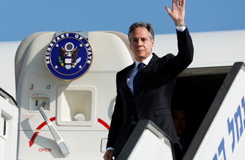  US Secretary of State Antony Blinken waves as he disembarks from an aircraft during his visit to Israel, amid the ongoing conflict between Israel and the Palestinian Islamist group Hamas, in Tel Aviv, Israel November 3, 2023 (photo credit: REUTERS/JONATHAN ERNST/POOL)